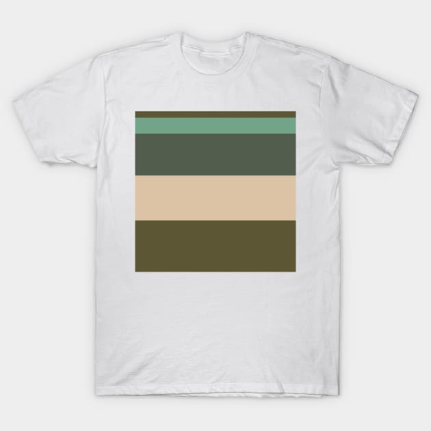 A great variation of Soldier Green, Dark Vanilla, Grey/Green, Oxley and Gunmetal stripes. T-Shirt by Sociable Stripes